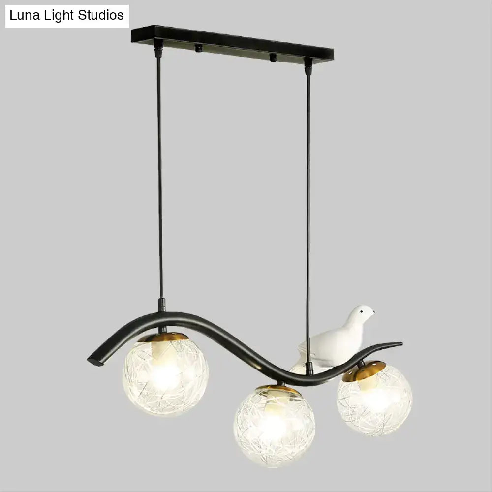 Decorbites modern black metal pendant light with three clear white ball shade glass globes and white ceramic dove decor