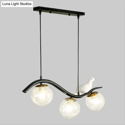 Decorbites modern black metal pendant light with three clear white ball shade glass globes and white ceramic dove decor