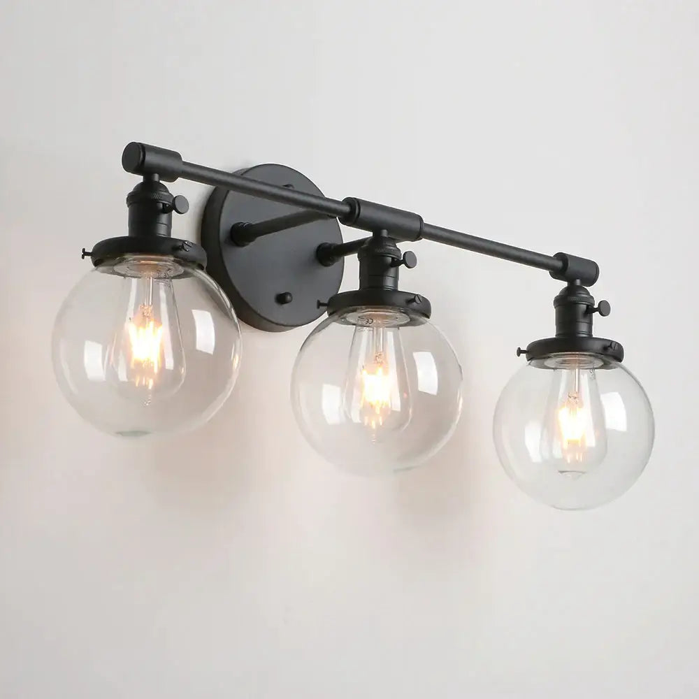 Modern black 3-light glass globe wall sconce with exposed filament bulbs for wall sconce bathroom vanity use