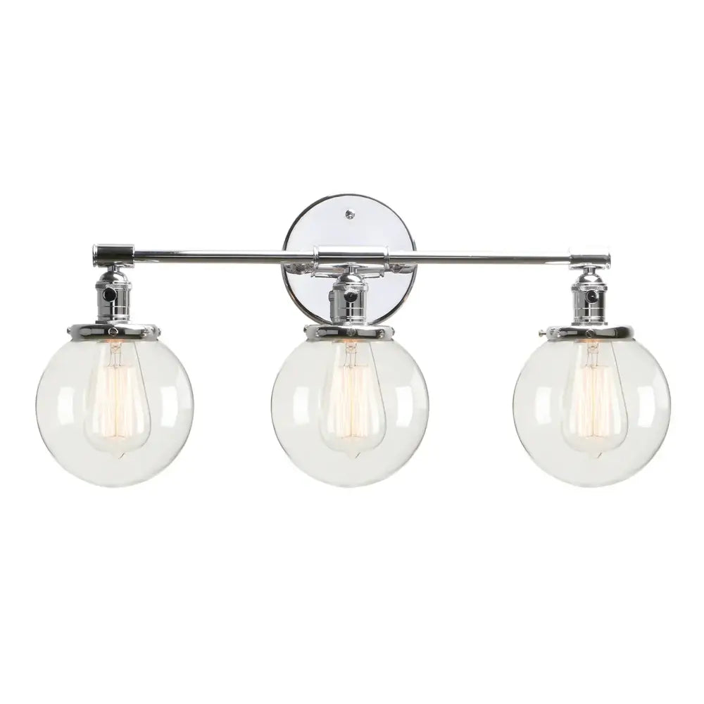 Modern black 3-light glass globe wall sconce with chrome finish and clear spherical shades for wall sconce bathroom use