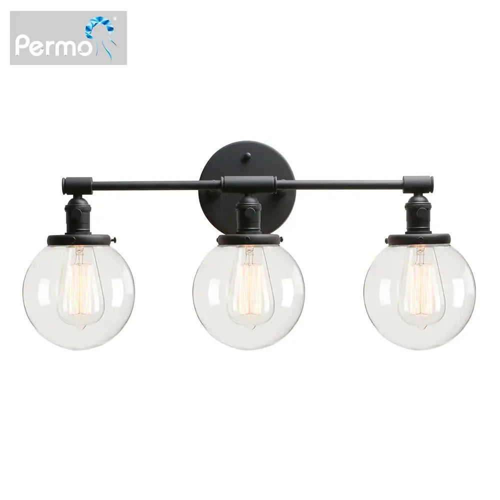 Modern black 3-light wall sconce with clear glass globe shades and exposed filament bulbs for bathroom vanity use