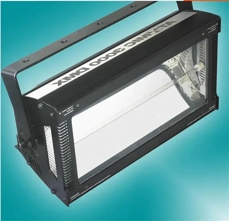 Modern black 3000w dmx strobe light with rectangular design and visible internal bulb assembly for club stage lighting