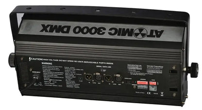 Modern black 3000w dmx strobe light with rugged industrial design and multiple input output ports for club stage lighting