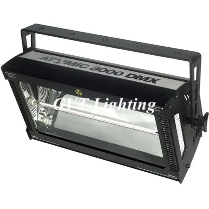 Modern black 3000w dmx strobe light with sturdy metal frame and transparent front panel revealing internal components