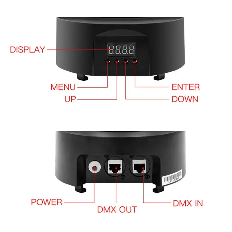 Back view of modern black cylindrical dmx controller with digital display and ports for 300mw rgb moving head laser light