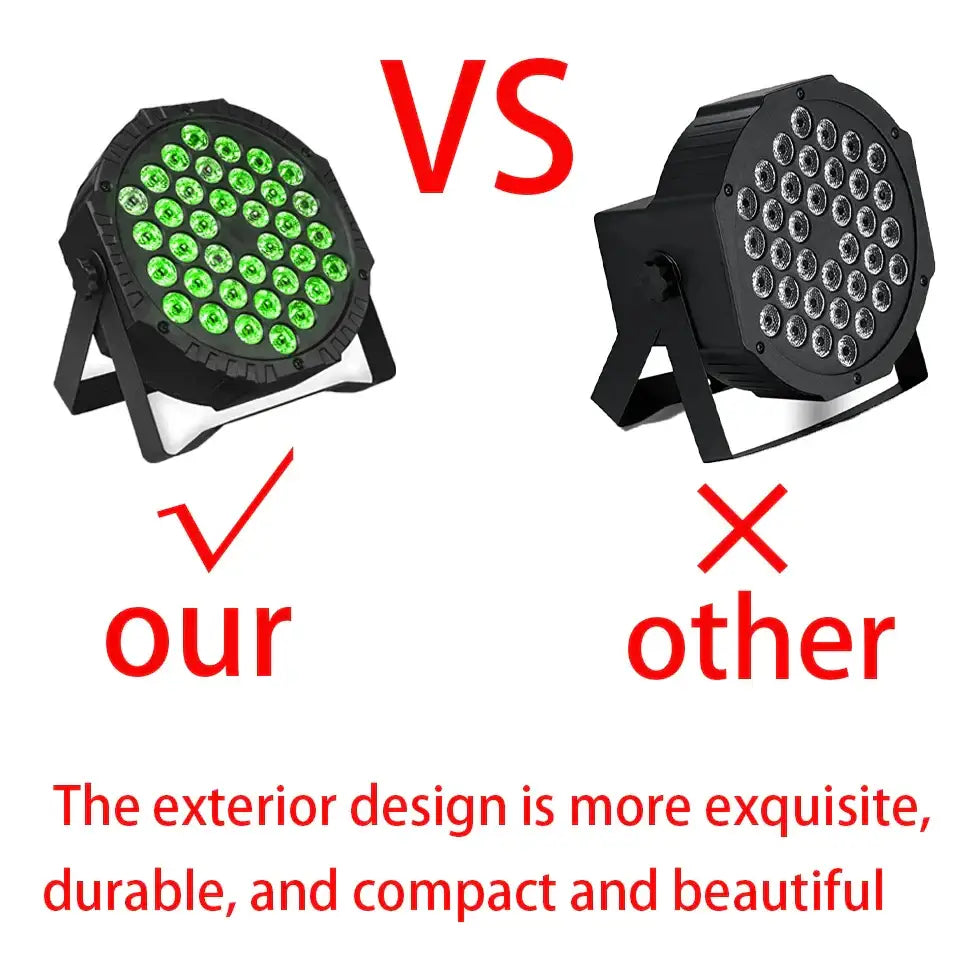Modern black 36 led rgbw stage par light with 36 green leds arranged in a grid pattern for party room lighting