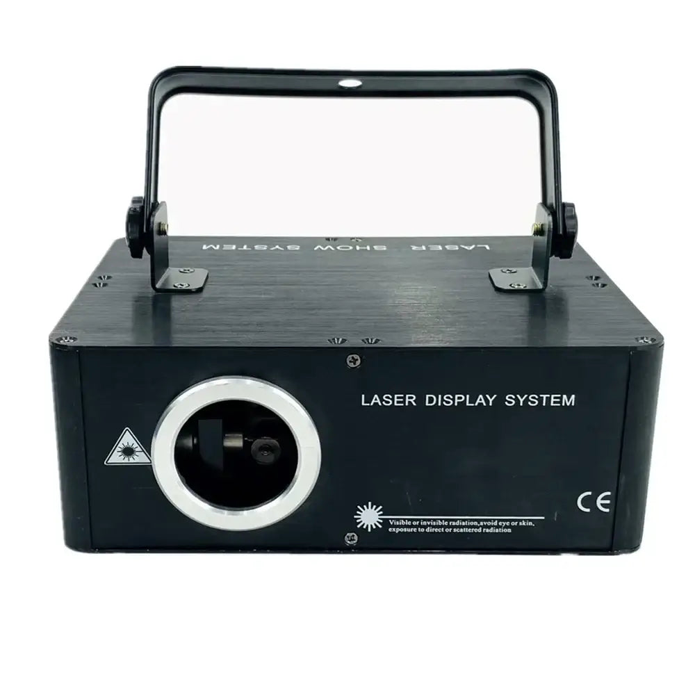Modern black rectangular laser show system with silver lens and handle for colorful rgb laser lights in living room disco
