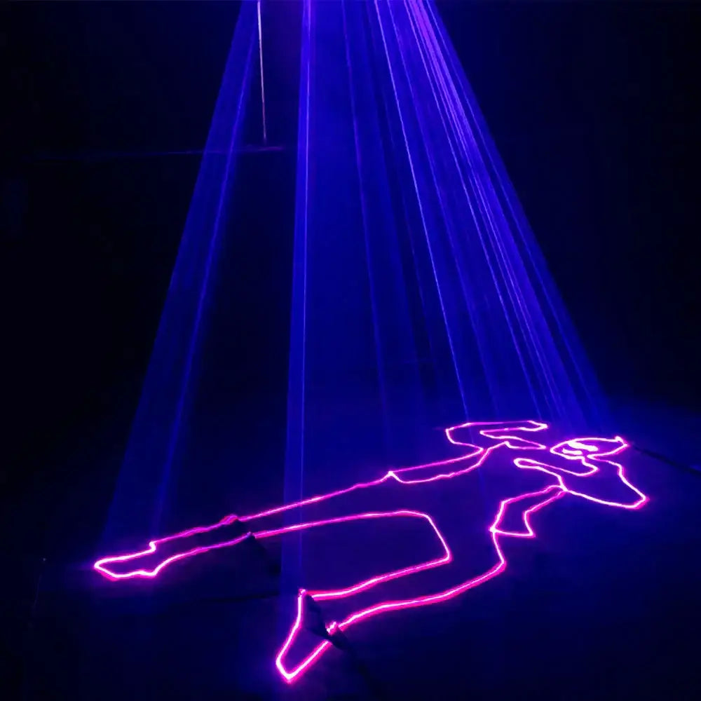 A glowing neon pink human figure illuminated by blue laser lights rgb in a modern black 3d laser lights colorful disco beam