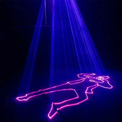 A glowing neon pink human figure illuminated by blue laser lights rgb in a modern black 3d laser lights colorful disco beam