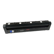 Black led light bar with six circular fixtures and control ports on the back for modern red 500mw laser light use