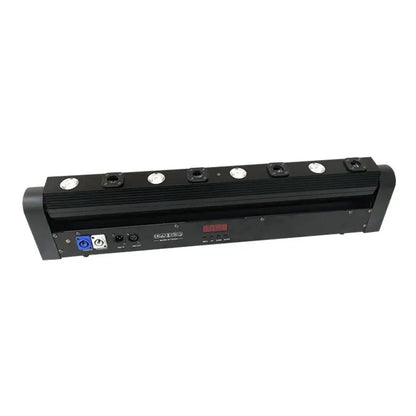 Black led light bar with six circular fixtures and control ports on the back for modern red 500mw laser light use
