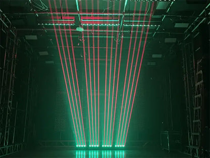 Modern black 4 eye red 500mw laser light with rgb led bar projecting red 500mw laser beams in symmetrical pattern