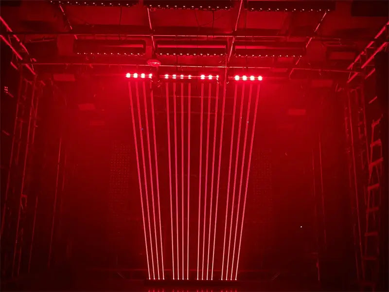 Modern black 4 eye red 500mw laser light and rgb led bar descending red 500mw laser beams in immersive stage setup