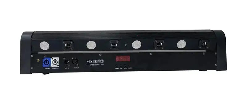 Black rectangular led light bar with six white circular lights and control ports on the back panel for red 500mw laser light use