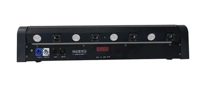 Black rectangular led light bar with six white circular lights and control ports on the back panel for red 500mw laser light use