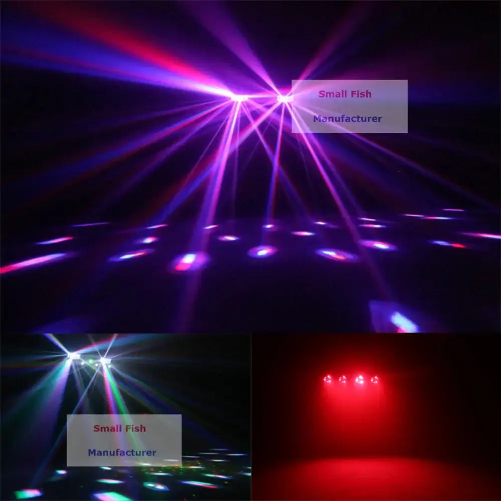 Modern black 4-in-1 led light stand bar with purple and red laser lights creating starburst patterns on stage