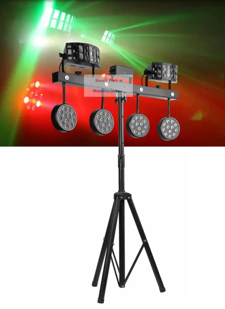 Modern black 4-in-1 led light stand with four circular spotlight heads and two fixtures on tripod for disco party lighting