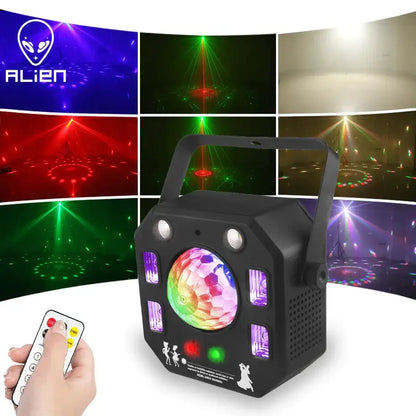 Modern black 4-in-1 stage light with crystal ball lens, strobe uv blacklight, and purple led panels for stage lighting