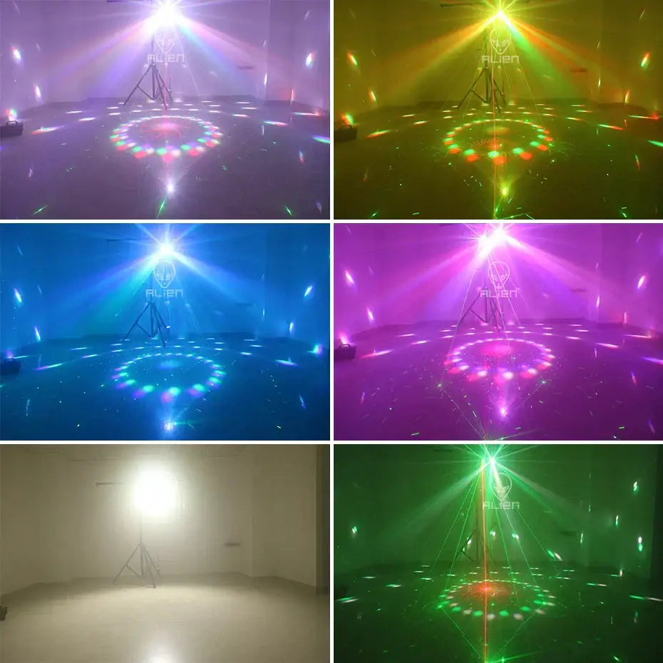 Modern black 4-in-1 stage light crystal ball strobe uv blacklight by Alien brand emitting vibrant stage lighting beams