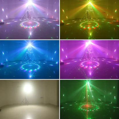 Modern black 4-in-1 stage light crystal ball strobe uv blacklight by Alien brand emitting vibrant stage lighting beams