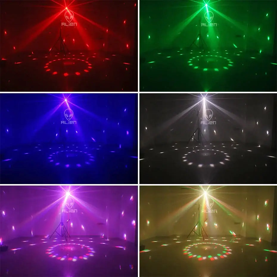 Modern black Alien 4-in-1 stage light crystal ball strobe uv blacklight projecting vibrant multicolored beams on floor