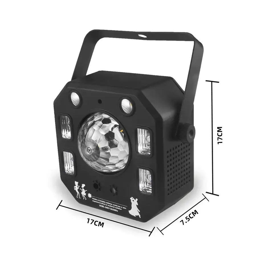 Modern black 4-in-1 stage light with crystal ball, strobe uv blacklight, and integrated handle for stage lighting