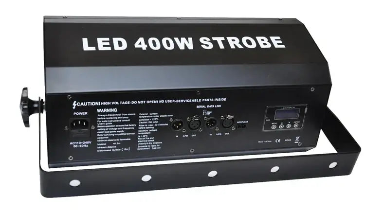 Black 400w high power led strobe light with matte finish and multiple input output ports on the back panel