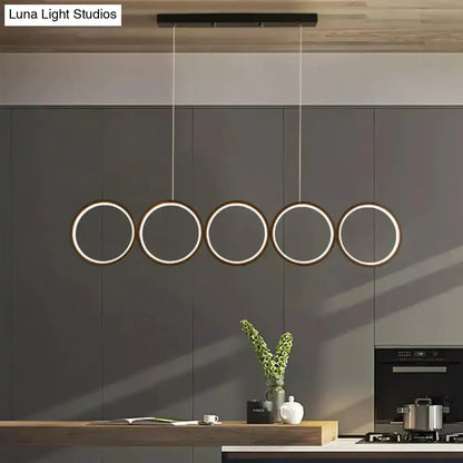 Decorbites™ led ceiling 5-ring black hanging island pendant light with warm white led illumination and metal frame