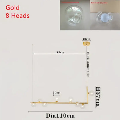 Gold-colored modern pendant light with eight spherical glass shade bulbs in a linear design for dining room use