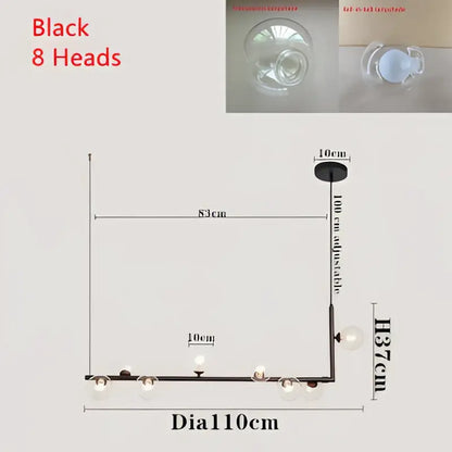 Modern black pendant light with eight spherical glass bulbs featuring double glass shade design for dining room use