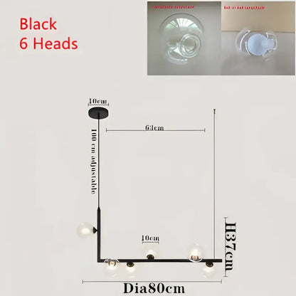 Modern black pendant light with six spherical glass shades for dining room featuring double glass shade design