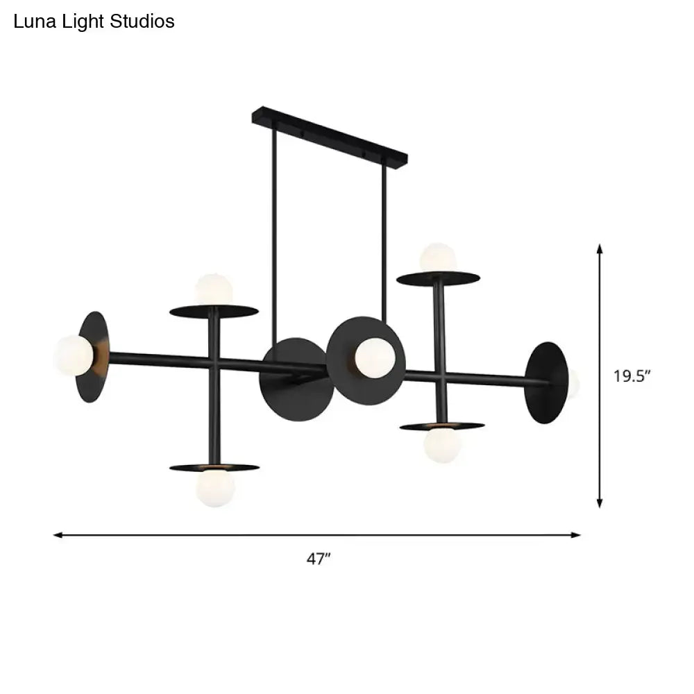 Decorbites modern 8-head black ceiling light fixture with matte metal arms and frosted glass globes for kitchen island