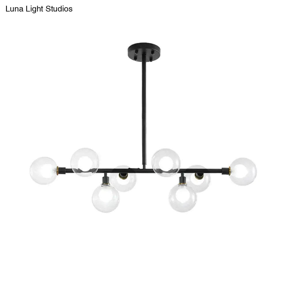 Modern black 8-head kitchen chandelier with clear glass shade featuring a black metal light kit and clear glass bulbs