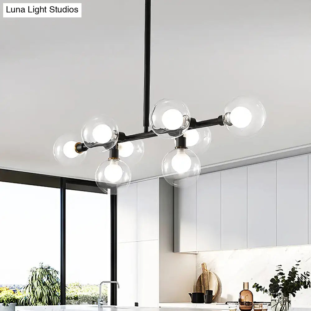 Modern black 8-head kitchen chandelier with clear glass shade and light kit featuring clear glass globe bulbs