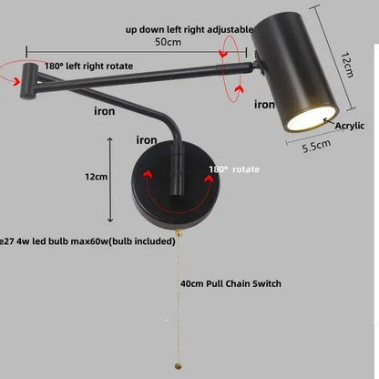 Modern black acrylic iron led wall lamp with cylindrical shade and 40cm pull chain switch for bedroom reading light