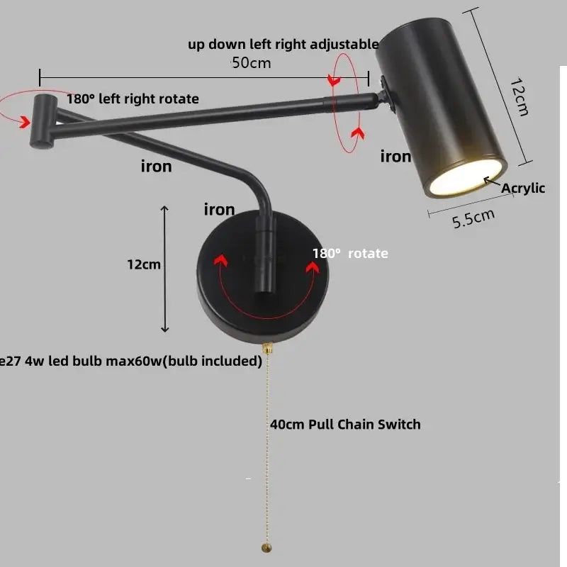 Modern black acrylic iron led wall lamp with cylindrical shade and 40cm pull chain switch for bedroom reading light