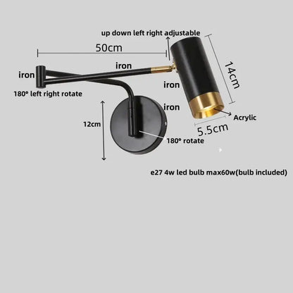 Modern black acrylic iron led wall lamp with adjustable gold iron arms and acrylic shade for bedroom reading light decorbites acrylic iron