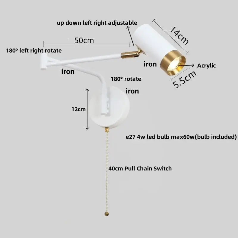 White and gold adjustable wall lamp with acrylic iron led head for modern bedroom decorbites acrylic iron lighting