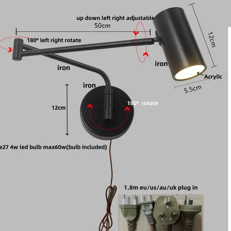 Modern black acrylic iron led wall lamp with adjustable cylindrical shade for bedroom reading light decorbites wall lamp