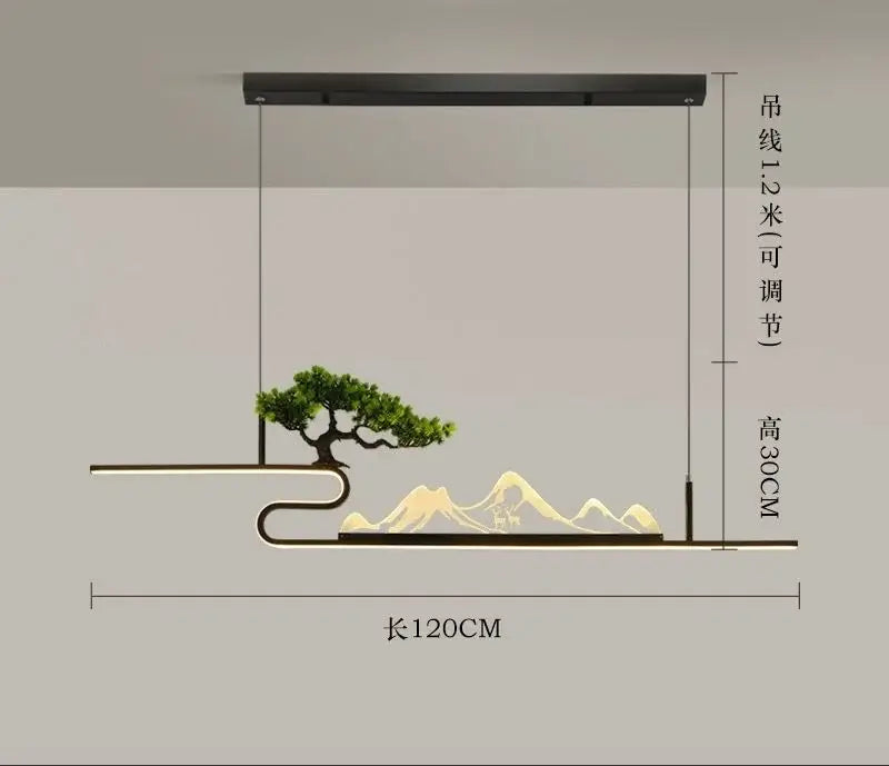 Modern black acrylic mountain peak pendant lights featuring illuminated bonsai tree and mountain landscape decorbites design