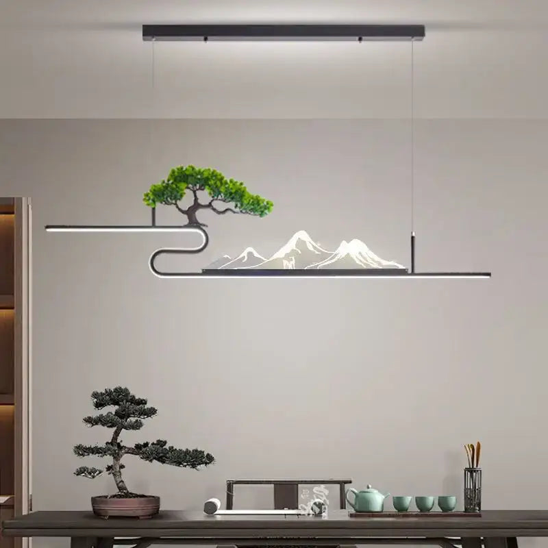Modern black acrylic mountain peak pendant lights with integrated led lighting depicting bonsai tree decorbites acrylic mountain