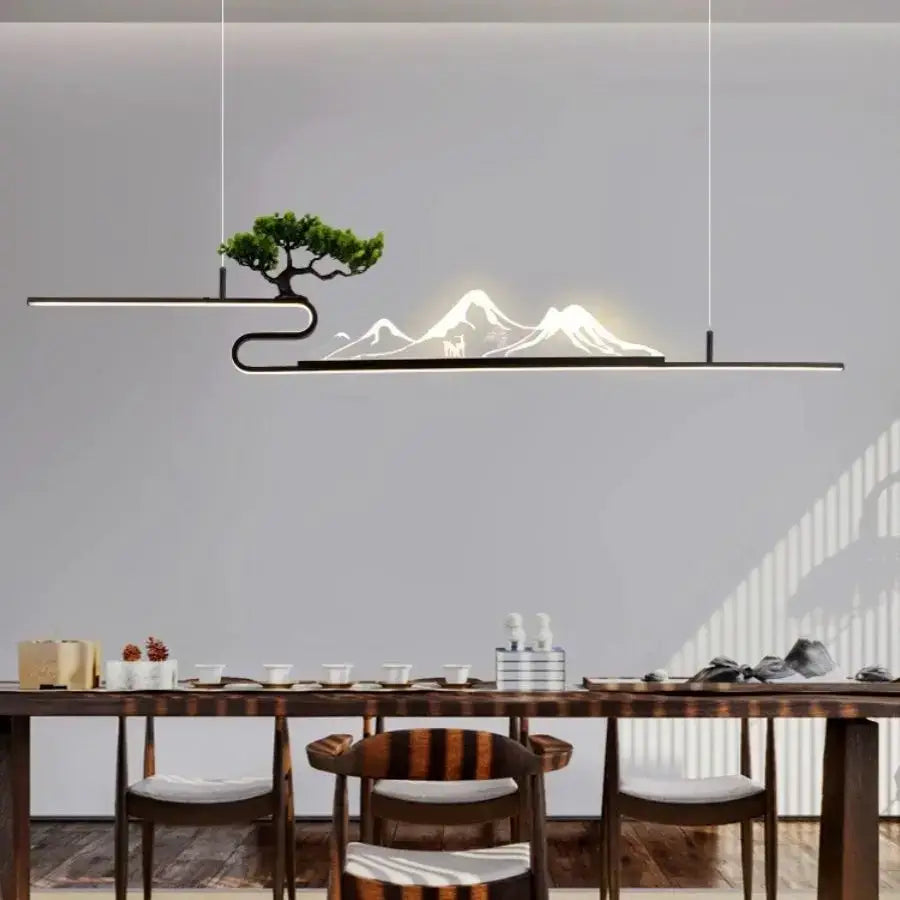 Modern black metal pendant lights with illuminated acrylic mountain peak and bonsai tree design for living room decorbites acrylic mountain