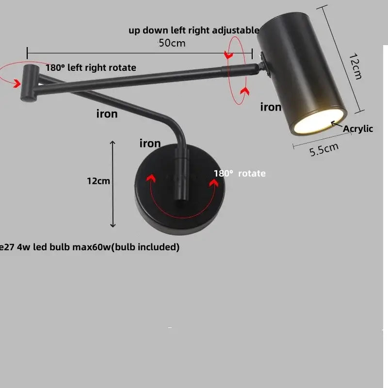 Modern black adjustable acrylic iron led wall lamp with cylindrical shade for bedroom reading decorbites wall lamp