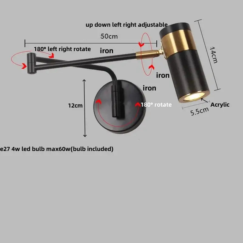 Modern black adjustable acrylic iron led wall lamp with brass spotlight for bedroom reading decorbites acrylic iron led