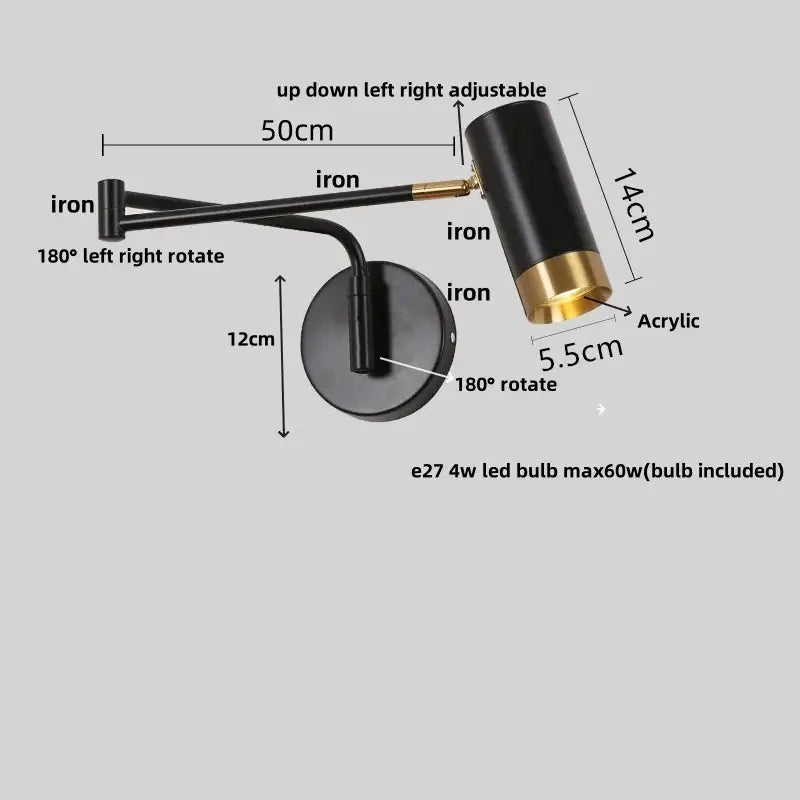 Modern black adjustable wall lamp with acrylic iron led shade and iron arms for bedroom reading light decorbites acrylic iron