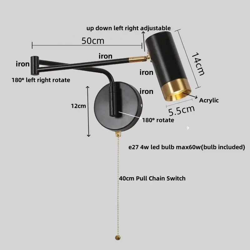 Modern black adjustable acrylic iron led wall lamp with brass arms designed for bedroom reading lighting decorbites acrylic iron led
