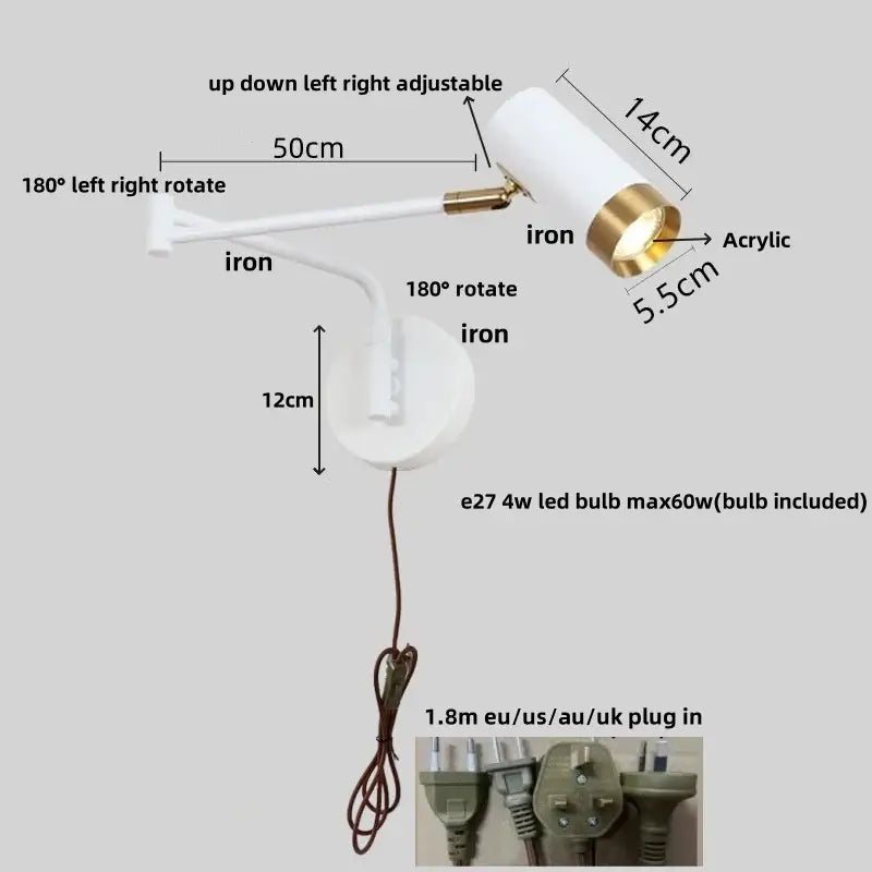 Modern black adjustable acrylic iron led wall lamp with white and brass spotlight for bedroom reading light decorbites acrylic iron led