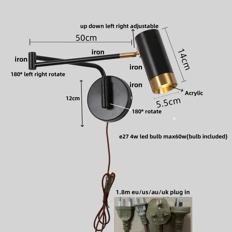 Modern black adjustable acrylic iron led wall lamp with brass accents for bedroom reading decorbites acrylic iron design