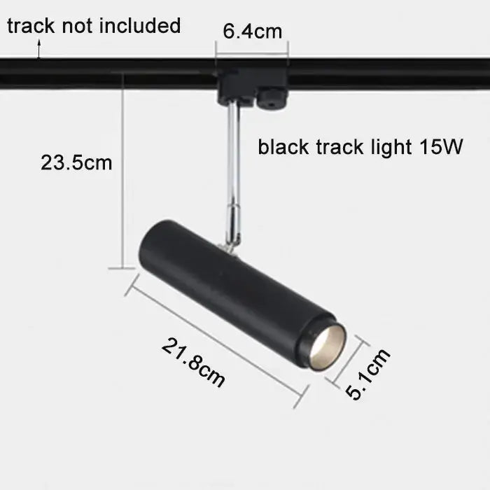 Modern black adjustable focus track lights with cylindrical 15w design and metallic mounting bracket for commercial use
