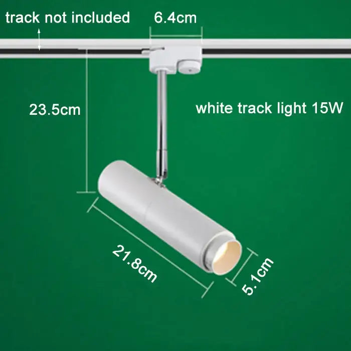 White cylindrical track light with 15w bulb and metallic arm featuring decorbites adjustable focus for commercial use
